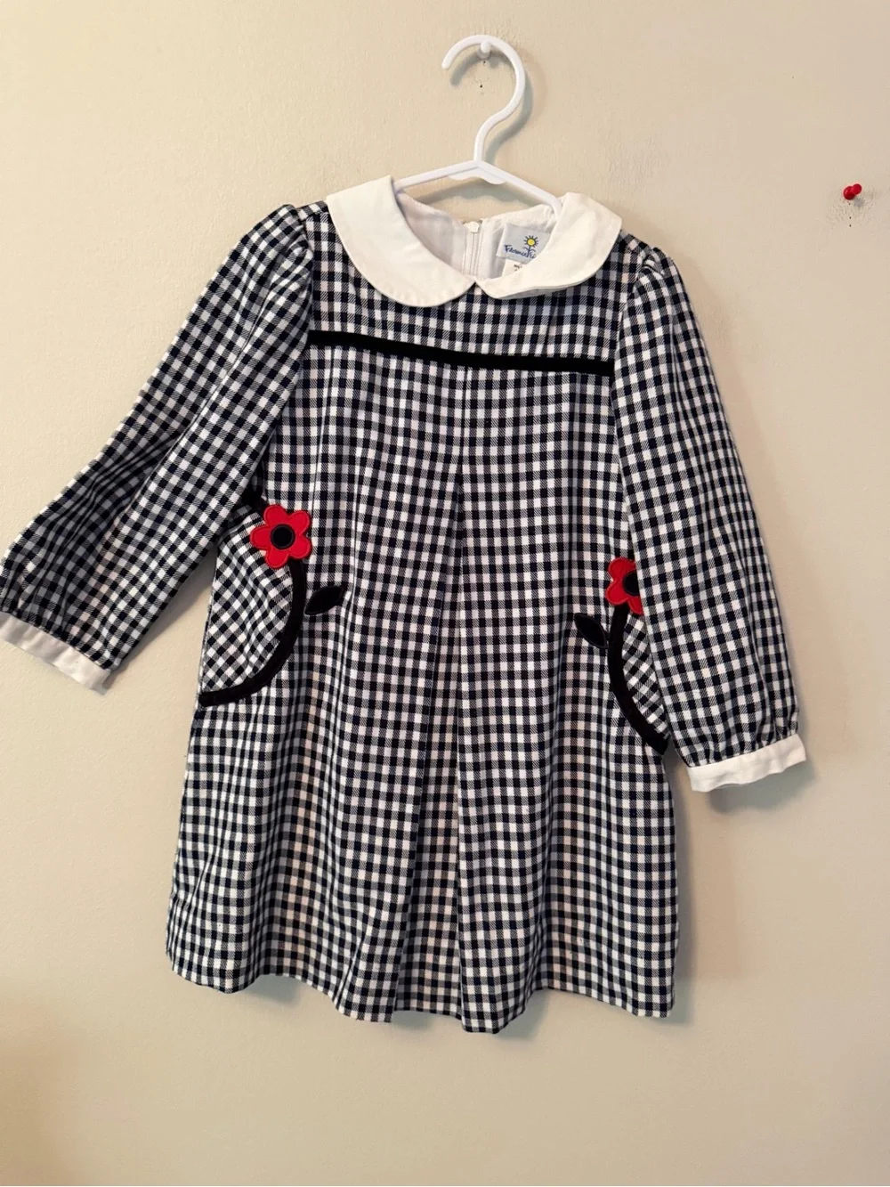 Florence Eiseman Black & White Gingham Dress with Red Flower Appliqué